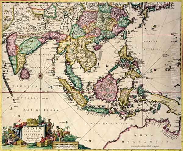 General map extending from India and Ceylon to northwestern Australia by way of southern Japan, the Philippines, the Malay Peninsula and the Indonesian archipelago Oil Painting by Nicolaes (Claes) Jansz Visscher