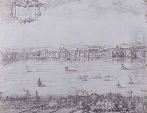 Panorama of London and the Thames, part one showing from Whitehall to Blackfriars, c.1600 Oil Painting by Nicolaes (Claes) Jansz Visscher