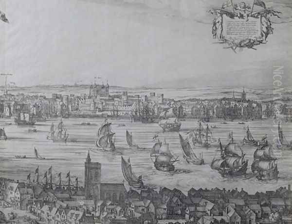 Panorama of London and the Thames, part four showing the Tower and the Church of St. Olave, c.1600 Oil Painting by Nicolaes (Claes) Jansz Visscher