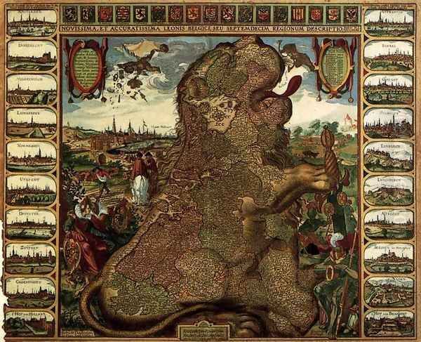 Lion Map (Leo Belgicus) Oil Painting by Nicolaes (Claes) Jansz Visscher