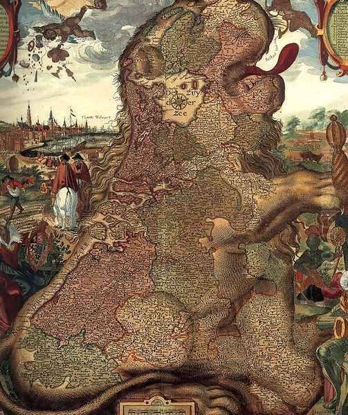 Lion Map (Leo Belgicus) (detail) Oil Painting by Nicolaes (Claes) Jansz Visscher