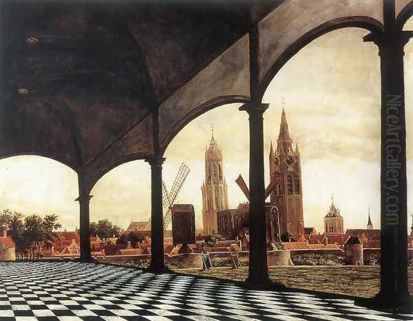 A View of Delft through an Imaginary Loggia 1663 Oil Painting by Daniel Vosmaer