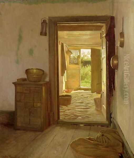 Farmhouse Interior with an Open Door Oil Painting by Gustav Vermehren