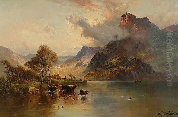 Cattle Watering In A Highland Landscape Oil Painting by Alfred de Breanski