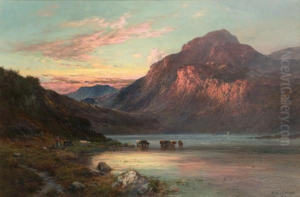 A Perthshire Lake At Sunset Oil Painting by Alfred de Breanski