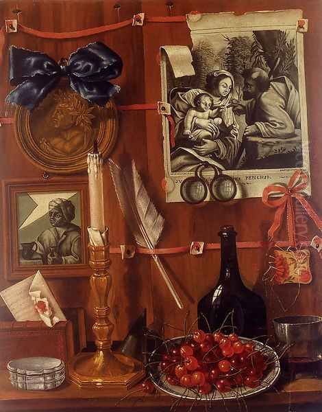 Trompe L'Oeil With A Basket Of Cherries On A Table And Engravings Tacked Up To A Wall Oil Painting by Jean Valette-Falgores