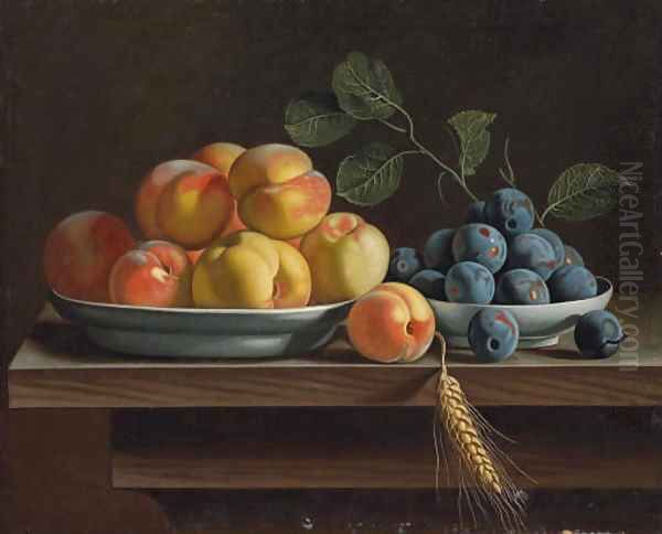 Peaches and plums in white porcelain bowls, with a sheaf of corn on a wooden table Oil Painting by Jean Valette-Falgores