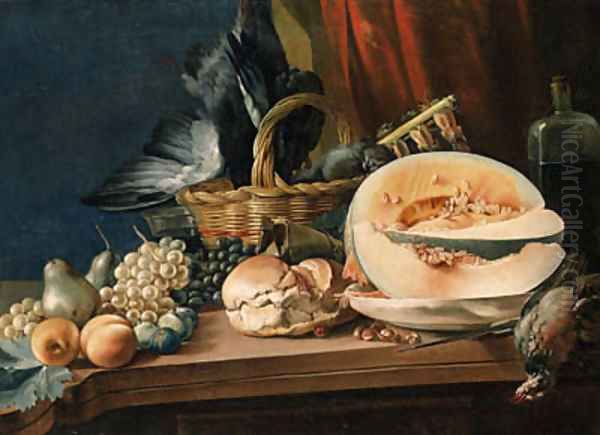 A melon, a bread roll, bunches of grapes, pears and other fruit, chestnuts, a bottle and a basket of dead songbirds on a table Oil Painting by Jean Valette-Falgores