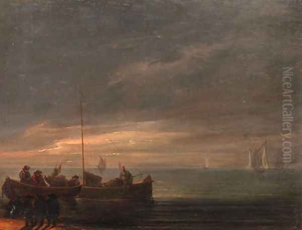 A river estuary with bandits on a shore awaiting the arrival of fishermen in rowing boats, at dawn Oil Painting by Lieve Verschuier