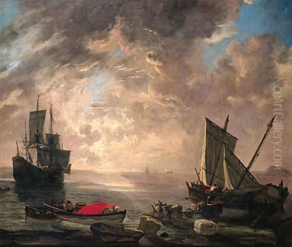 Sailors unloading cargo from a sailing vessel, moored on a Mediterranean shore, with a rowing boat and a three-master beyond, at dawn Oil Painting by Lieve Verschuier