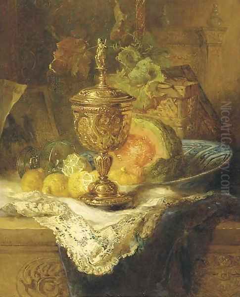 Fruits and a gilt auricular cup and cover on a ledge Oil Painting by Maria Vos