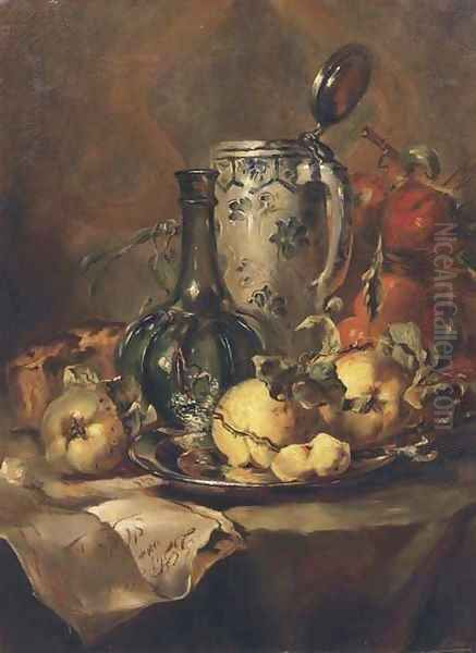 Quince pears on a silver plate with a glass bottle and earthenware tankard Oil Painting by Maria Vos