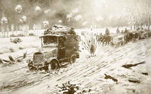 British Transport train making its way under heavy shell fire along the snow-bound Ypres roads Oil Painting by Villiers, Frederic