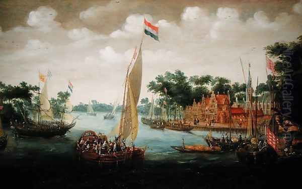 A Dutch States Yacht on a River Estuary Oil Painting by Abraham de Verver