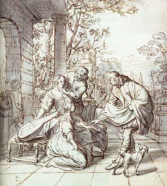 Elegant Company on a Terrace c. 1680 Oil Painting by Johannes Verkolje