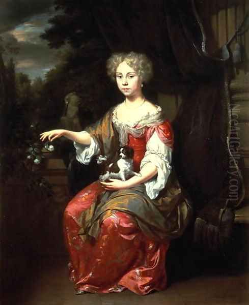 Portrait of a Lady holding her pet King Charles Spaniel Oil Painting by Johannes Verkolje