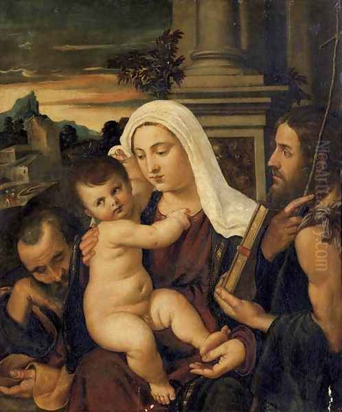 Madonna and Child with Sts Joseph and John the Baptist Oil Painting by Francesco Vecellio