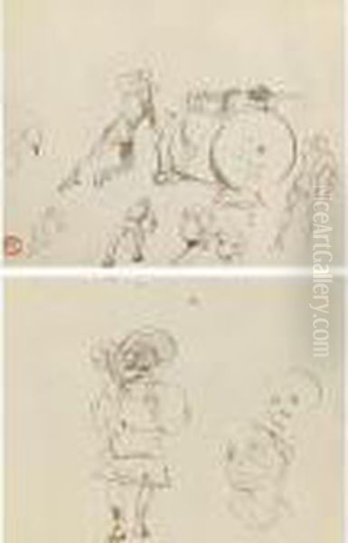 Croquis And Silhouettes Et Tetes: A Double-sided Drawing Oil Painting by Henri De Toulouse-Lautrec