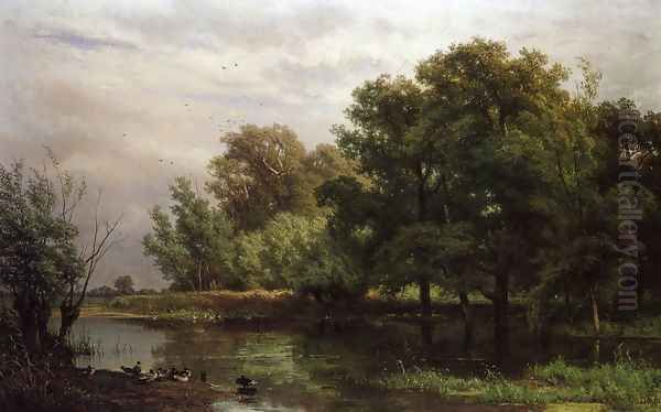 A Wooded River Landscape with Ducks on a Bank Oil Painting by Jan Willem Van Borselen