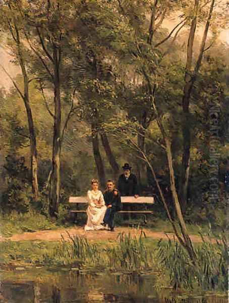 An elegant couple seated on a bench in a park with an attendent standing nearby Oil Painting by Jan Willem Van Borselen