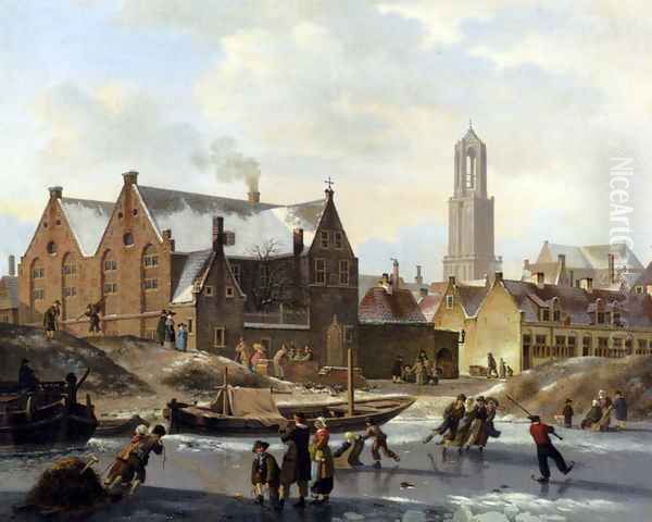 Skaters On A Frozen Canal Oil Painting by Jan Hendrik Verheijen