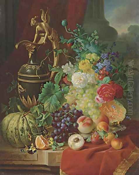 A Still Life with Peaches, Oranges, Melon, Roses and an Ewer on a stone Ledge Oil Painting by Jan Hendrik Verheijen