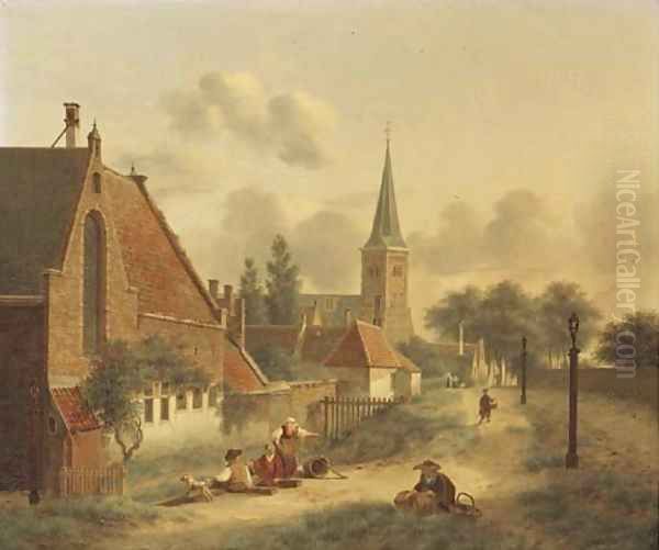 Figures by the city wall of Utrecht, the Geertekerk in the distance Oil Painting by Jan Hendrik Verheijen