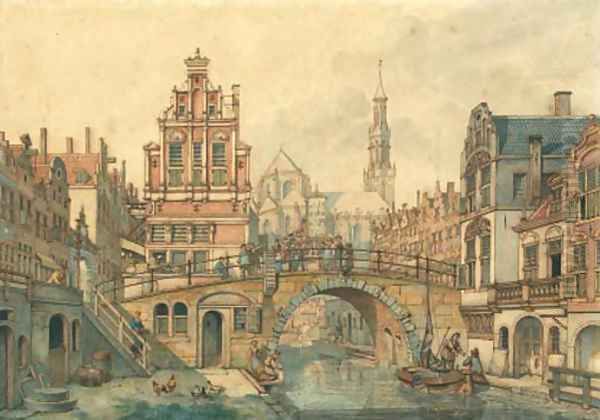 A capriccio view in Utrecht, with a smartlap performer on a bridge Oil Painting by Jan Hendrik Verheijen