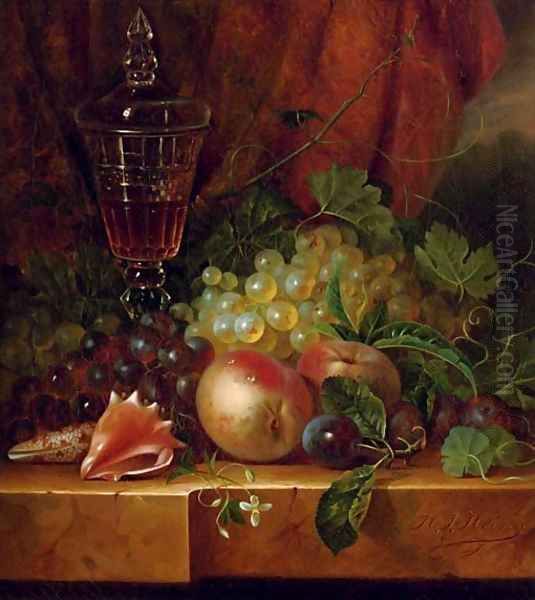 Fruit and seashells on a ledge Oil Painting by Jan Hendrik Verheijen