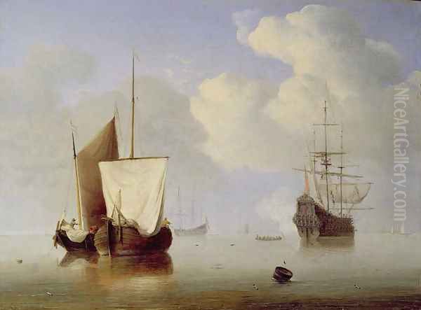 A Hoeker Alongside a Kaag at Anchor Oil Painting by Willem van de, the Elder Velde