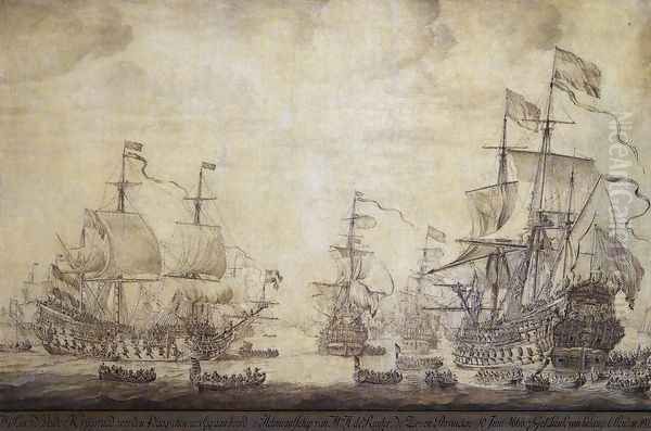 The Council of War on Board 'De Zeven Provincien', the Flagship of Michiel Adriaensz de Ruyter, on 10 June 1666 Oil Painting by Willem van de, the Elder Velde