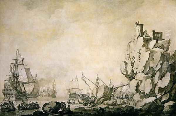 Ships and militia by a rocky shore, c.1680 Oil Painting by Willem van de, the Elder Velde