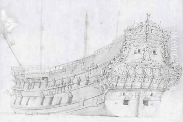 Study of a Dutch warship observed from the stern Oil Painting by Willem van de, the Elder Velde