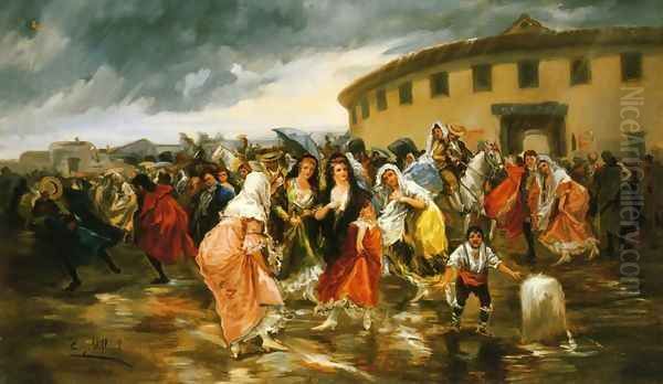 Leaving the Bull Ring in the Rain Oil Painting by Eugenio Lucas Villamil