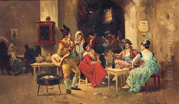 Spanish Figures In An Interior Oil Painting by Eugenio Lucas Villamil