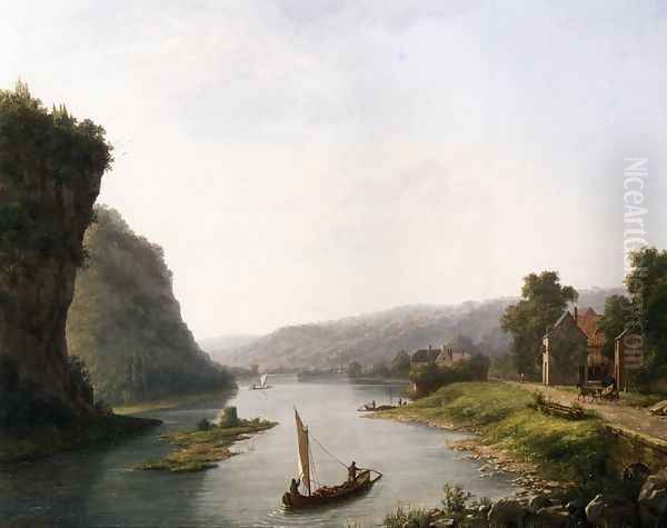 Fishing Boats on a River by a Village Oil Painting by Eugene Vermeulen