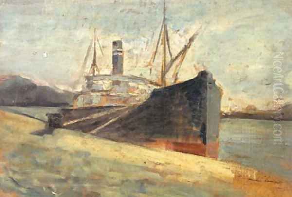 Docked Ship Oil Painting by Nicolae Vermont