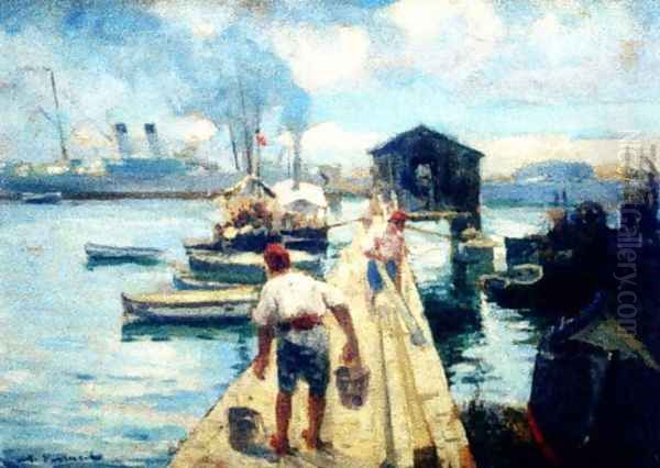 Seascape with Constanţa Harbor Oil Painting by Nicolae Vermont