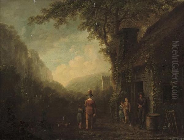 A Family By A Cottage, The Village Of Neath Beyond Oil Painting by Anthony Devis