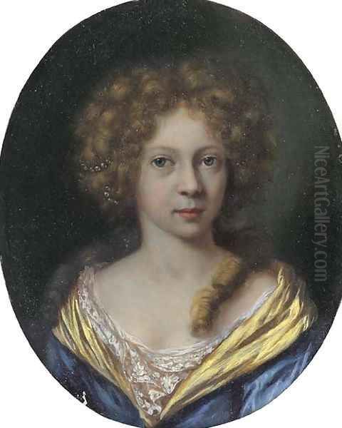 Portrait of a lady, small bust-length, in a blue dress with a yellow border Oil Painting by Arie de Vois