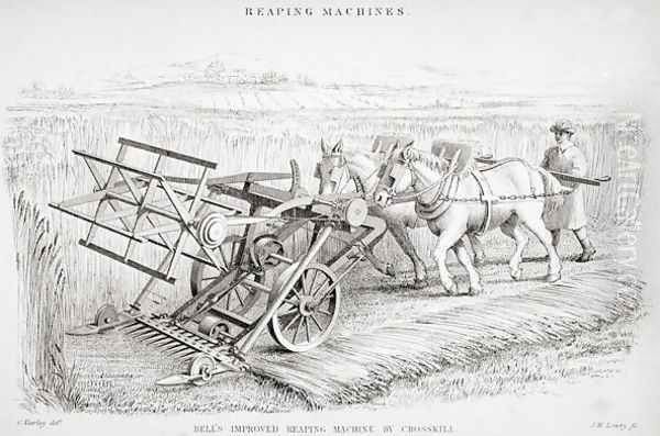 Bell's Improved Reaping Machine, engraved by J.M. Lowry Oil Painting by Cornelius Varley