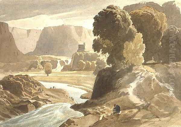 Mountainous landscape with a castle (possibly a view in Wales), c.1802-3 Oil Painting by Cornelius Varley