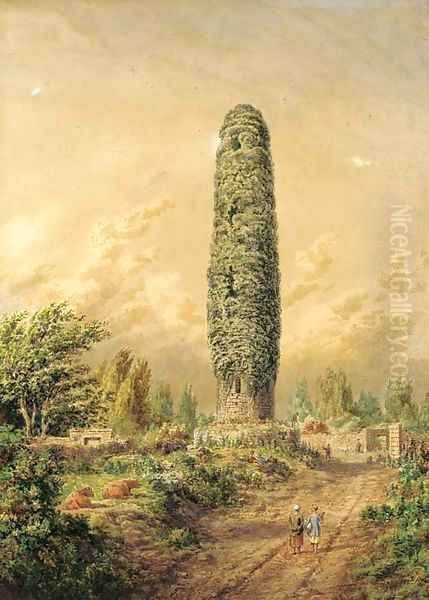 An ivy-covered tower by an open track, Ireland Oil Painting by Cornelius Varley