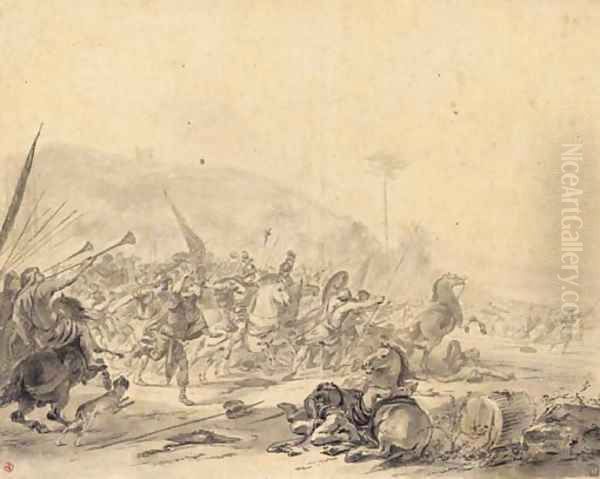 A battle scene with trumpets blowing the retreat Oil Painting by Hendrick Verschuring