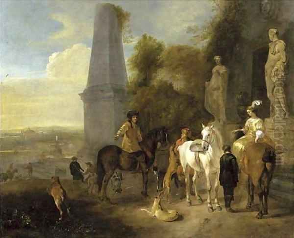 A hunting party resting outside a mausoleum, a city beyond Oil Painting by Hendrick Verschuring