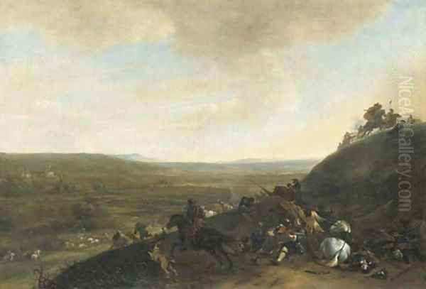 An extensive landscape with a cavalry skirmish Oil Painting by Hendrick Verschuring