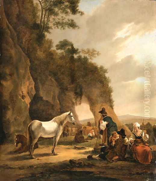 An Italianate Landscape with Travellers resting by a Grotto Oil Painting by Hendrick Verschuring