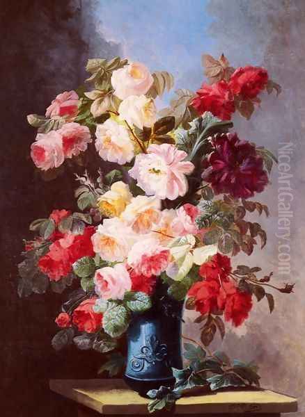 A Still Life With Roses And Peonies In A Blue Vase Oil Painting by Georges Viard