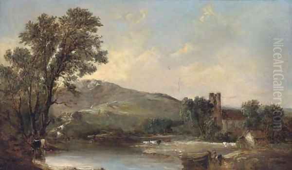 Cattle watering by a church in a river landscape Oil Painting by Alfred Vickers