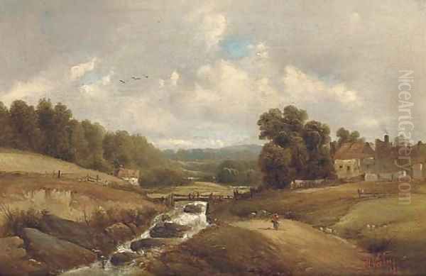 Figure on a track by a brook, with buildings beyond Oil Painting by Alfred Vickers